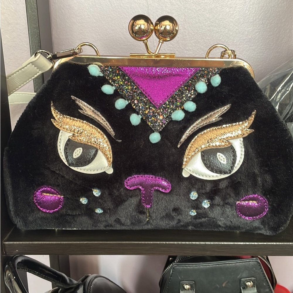 Irregular Choice Black Plush Cat Face Crossbody with Purple and Teal Accents